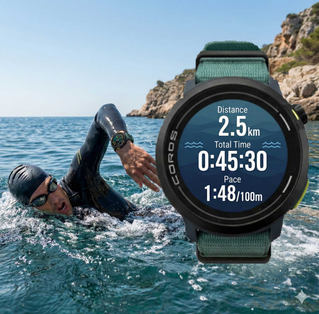 Coros Pace Pro Coros Pace Pro em fundo com atleta nadando; Melhores smartwatches para Triatlo em 2026.