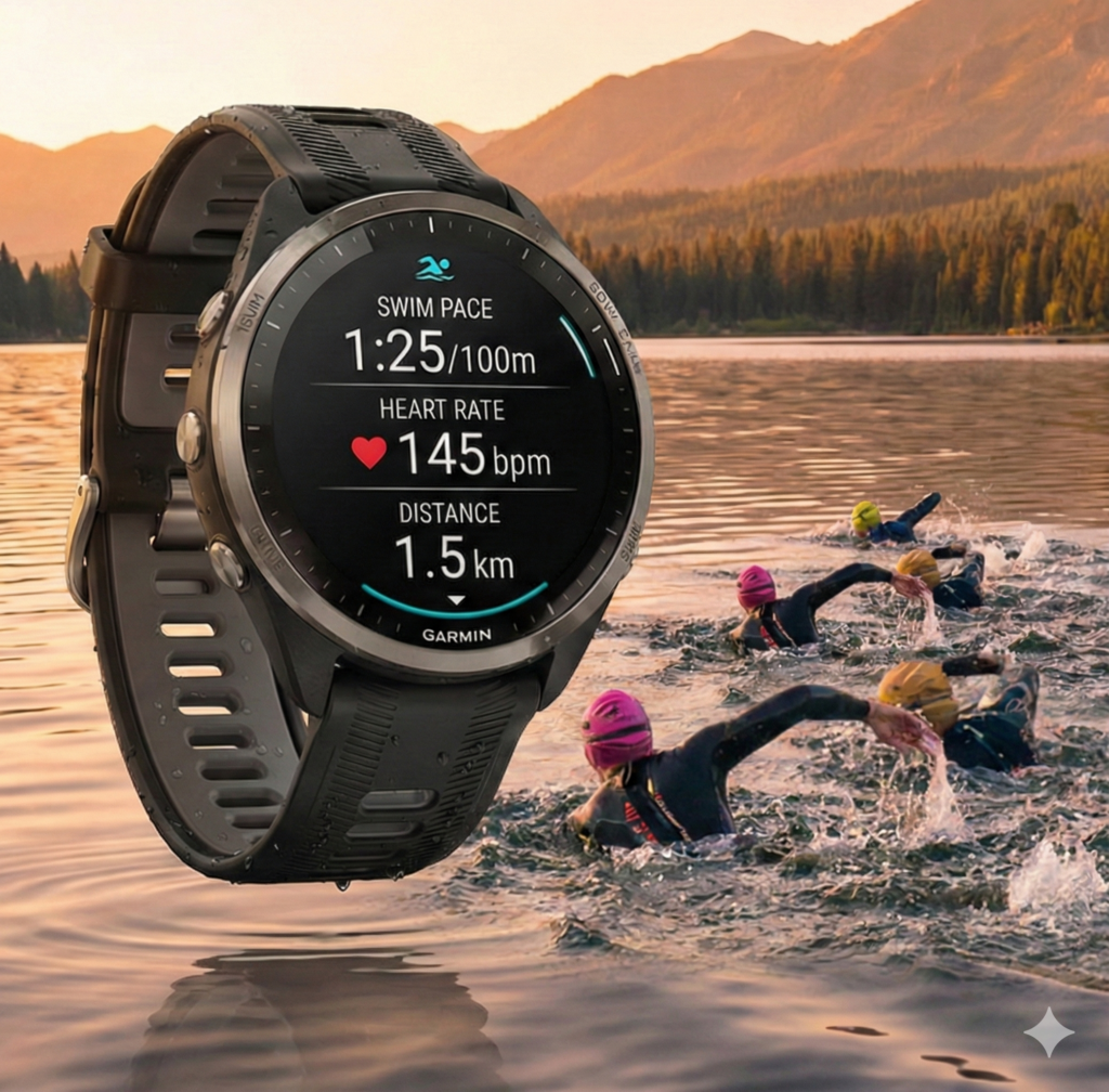 Garmin Forerunner 965 Garmin Forerunner 965 em fundo com atletas nadando; Melhores smartwatches para Triatlo em 2026.