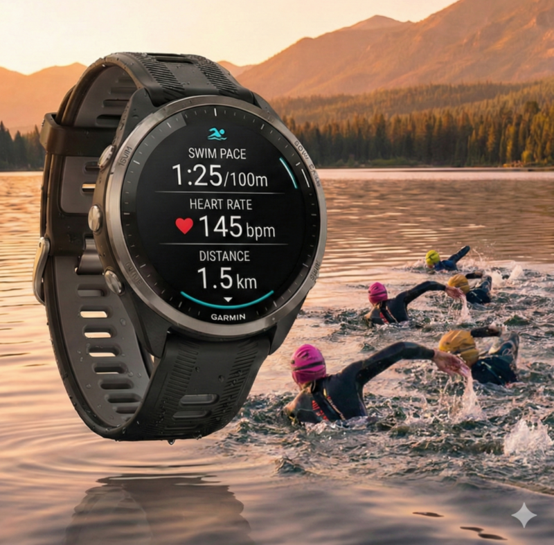 Garmin Forerunner 965 em fundo com atletas nadando; Melhores smartwatches para Triatlo em 2026.