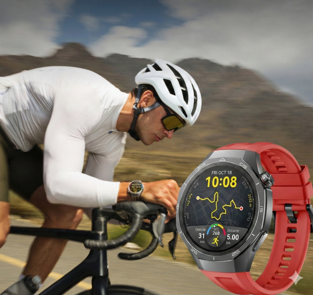 Huawei Watch GT6 Pro Huawei Watch GT6 Pro em fundo com atleta de ciclismo; Melhores smartwatches para Triatlo em 2026.
