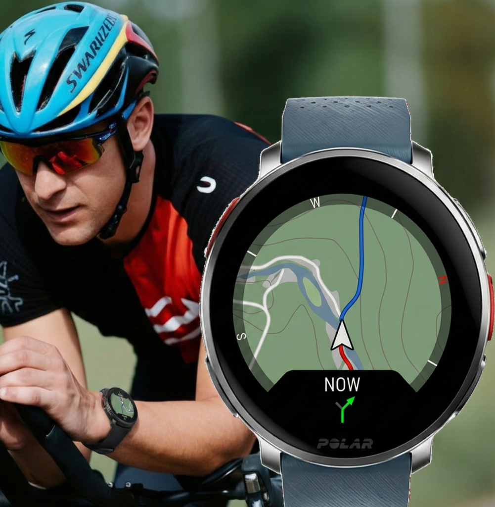Polar Vantage V3 Polar Vantage V3 em fundo com atleta de ciclismo; Melhores smartwatches para Triatlo em 2026.