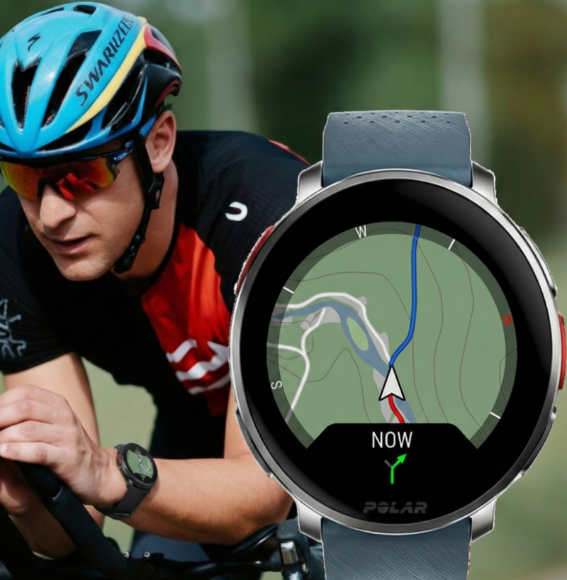 Polar Vantage V3 em fundo com atleta de ciclismo; Melhores smartwatches para Triatlo em 2026.