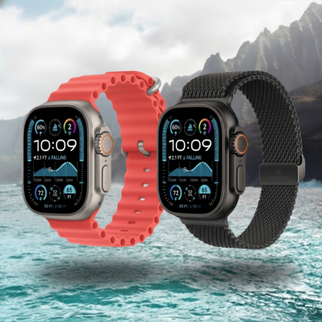 Apple Watch Ultra 3 Apple Watch Ultra 3 em cenário de mar e montanha; smartwatch de alto desempenho para esportes outdoor em 2026.