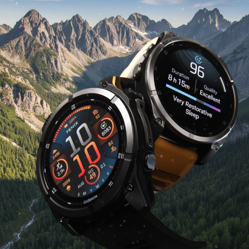 Garmin Fenix 8 Pro em cenário de montanha; smartwatch de alto desempenho para esportes outdoor em 2026.