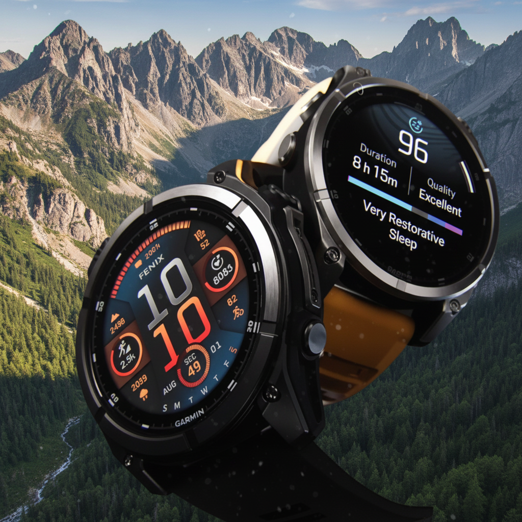 Garmin Fenix 8 Pro Garmin Fenix 8 Pro em cenário de montanha; smartwatch de alto desempenho para esportes outdoor em 2026.