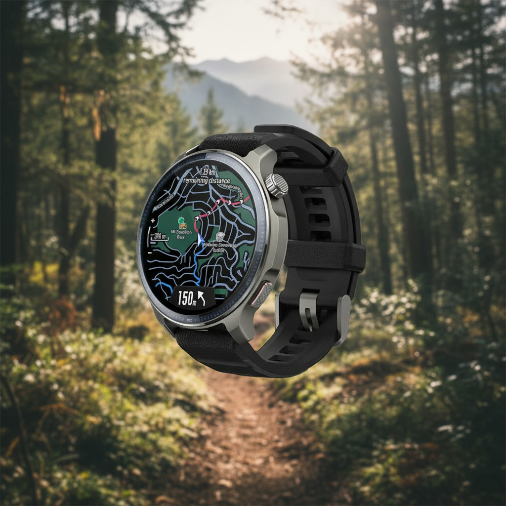 Amazfit Balance 2 Amazfit Balance 2 em cenário de trilha na mata; Smartwatches com melhor custo-benefício em 2026.