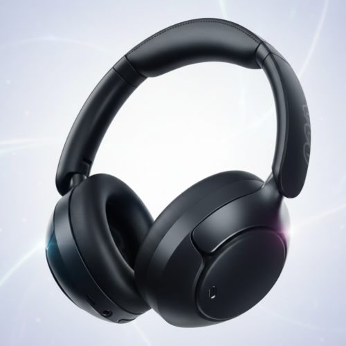 QCY H3 Pro em fundo abstrato; Fones Bluetooth Over-Ear.