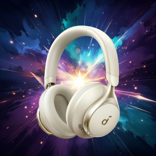 Soundcore Space One Soundcore Space One em fundo abstrato; Fones Bluetooth Over-Ear.