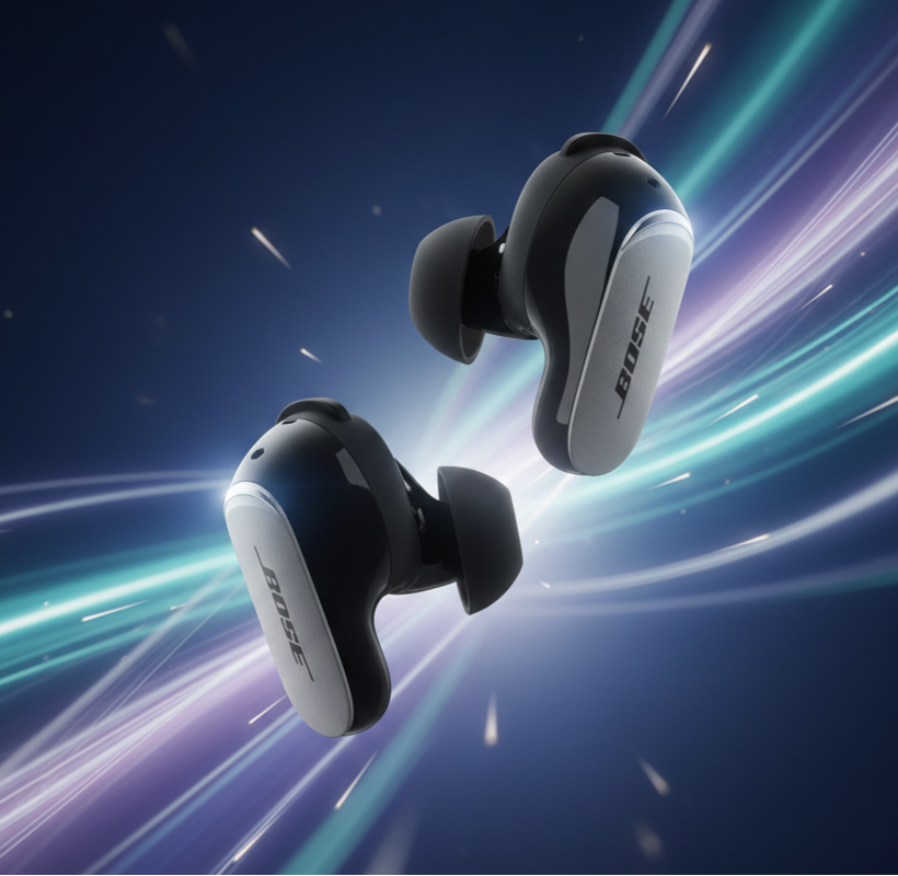 Bose QuietConfort Ultra Earbuds de 2ª Geração Bose QuietComfort Ultra Earbuds de 2ª Geração em fundo abstrato; Melhores fones TWS.