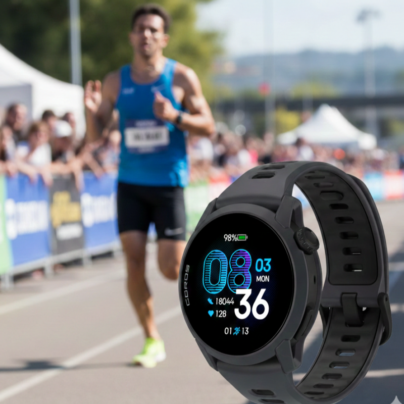 Coros Pace 4 em fundo com atleta de corrida; Melhores smartwatches para Triatlo em 2026.
