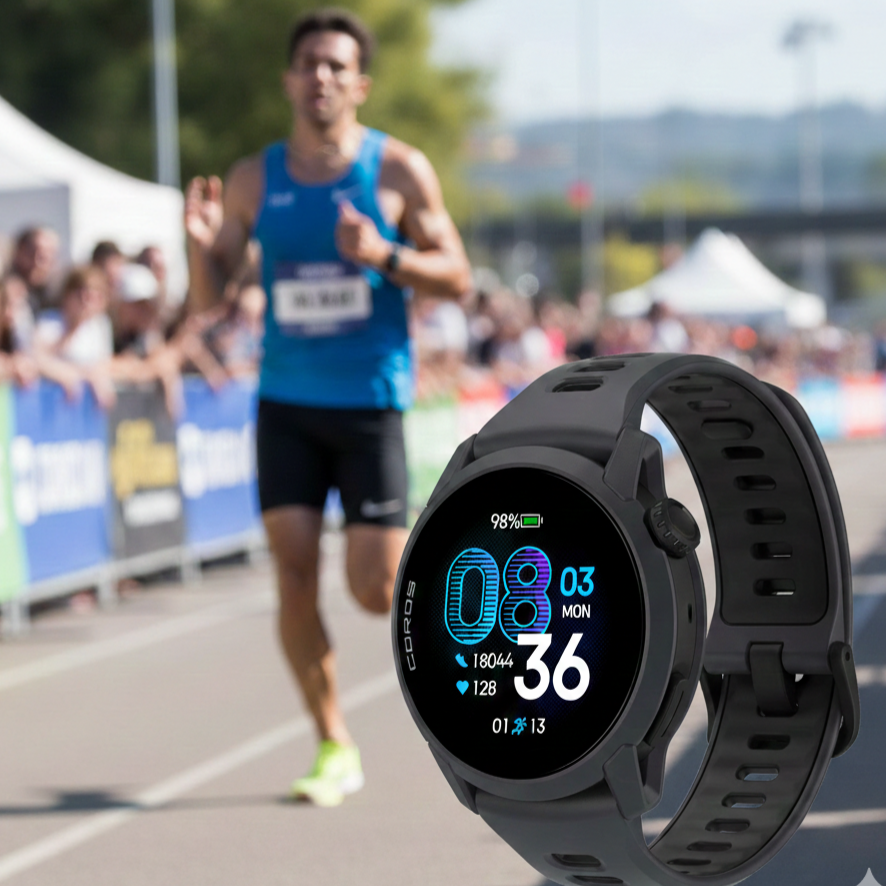 Coros Pace 4 Coros Pace 4 em fundo com atleta de corrida; Melhores smartwatches para Triatlo em 2026.