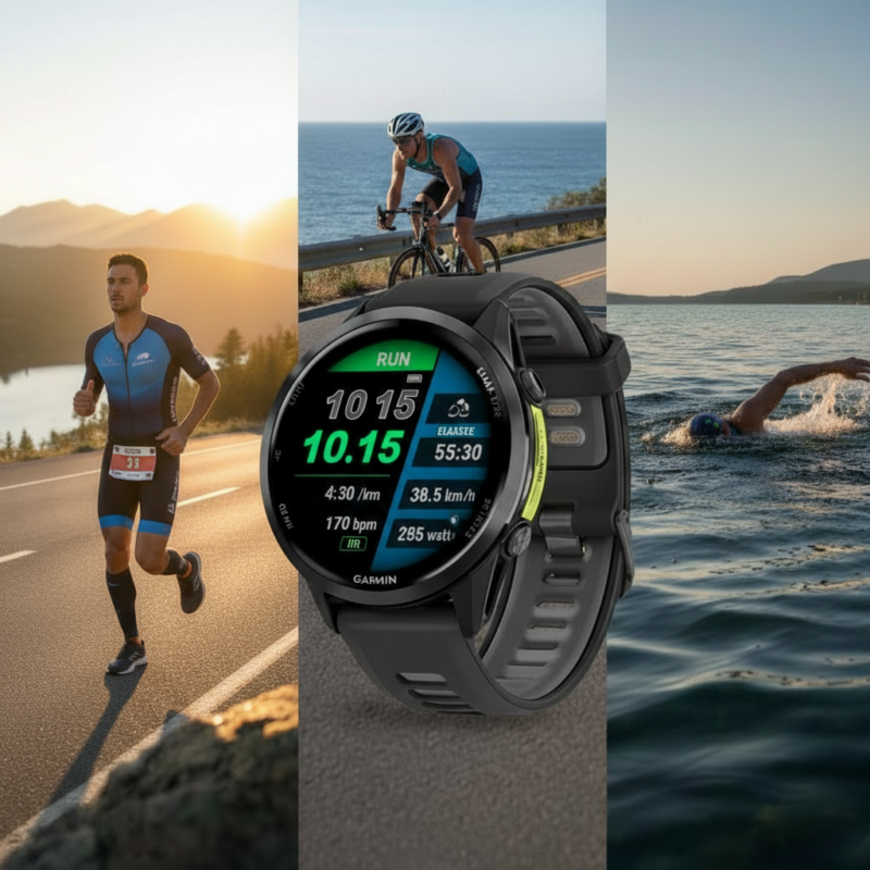 Garmin Forerunner 970 em fundo com atletas praticando triatlo; Melhores smartwatches para Triatlo em 2026.